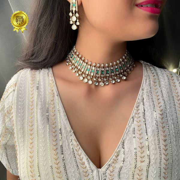 Luxury & Beautiful Divya Green Polki Necklace Set