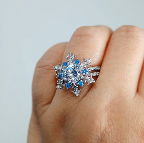 Luxurious White & Blue American Diamond Silver Ring For Girls