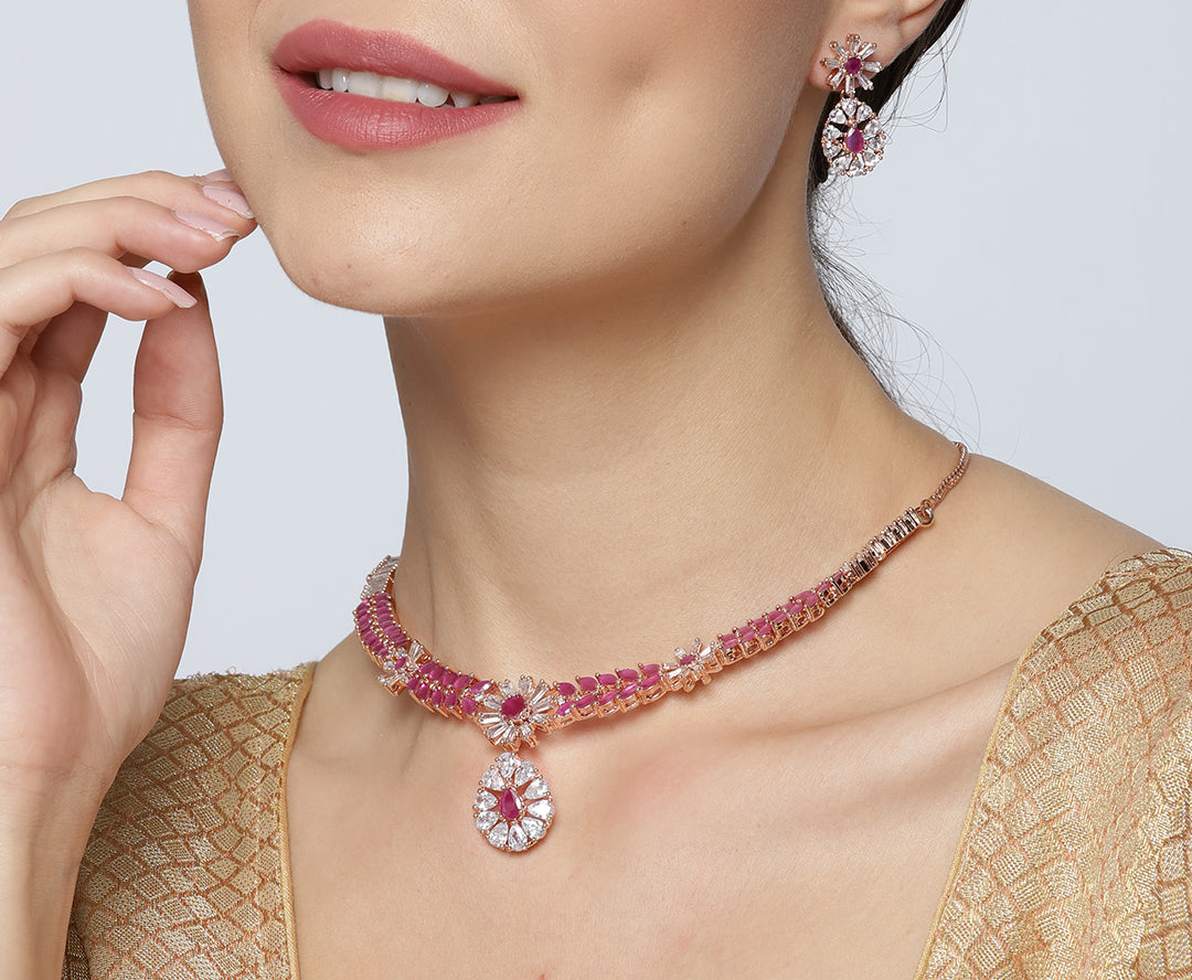 Imported Pink Ruby Rose Gold Plated Jewellery Set