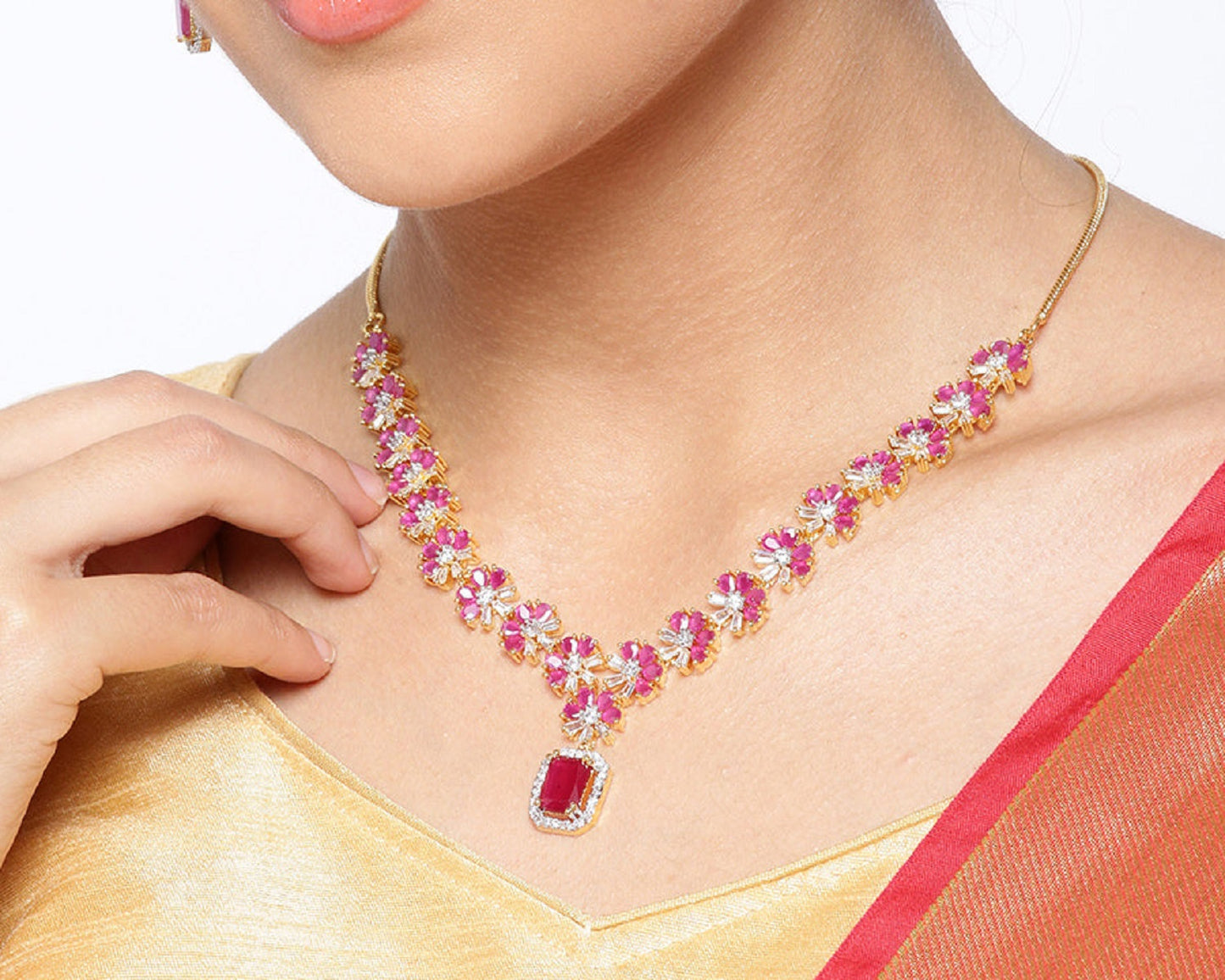 Imported F2 Pink Ruby Gold Plated Jewellery Set