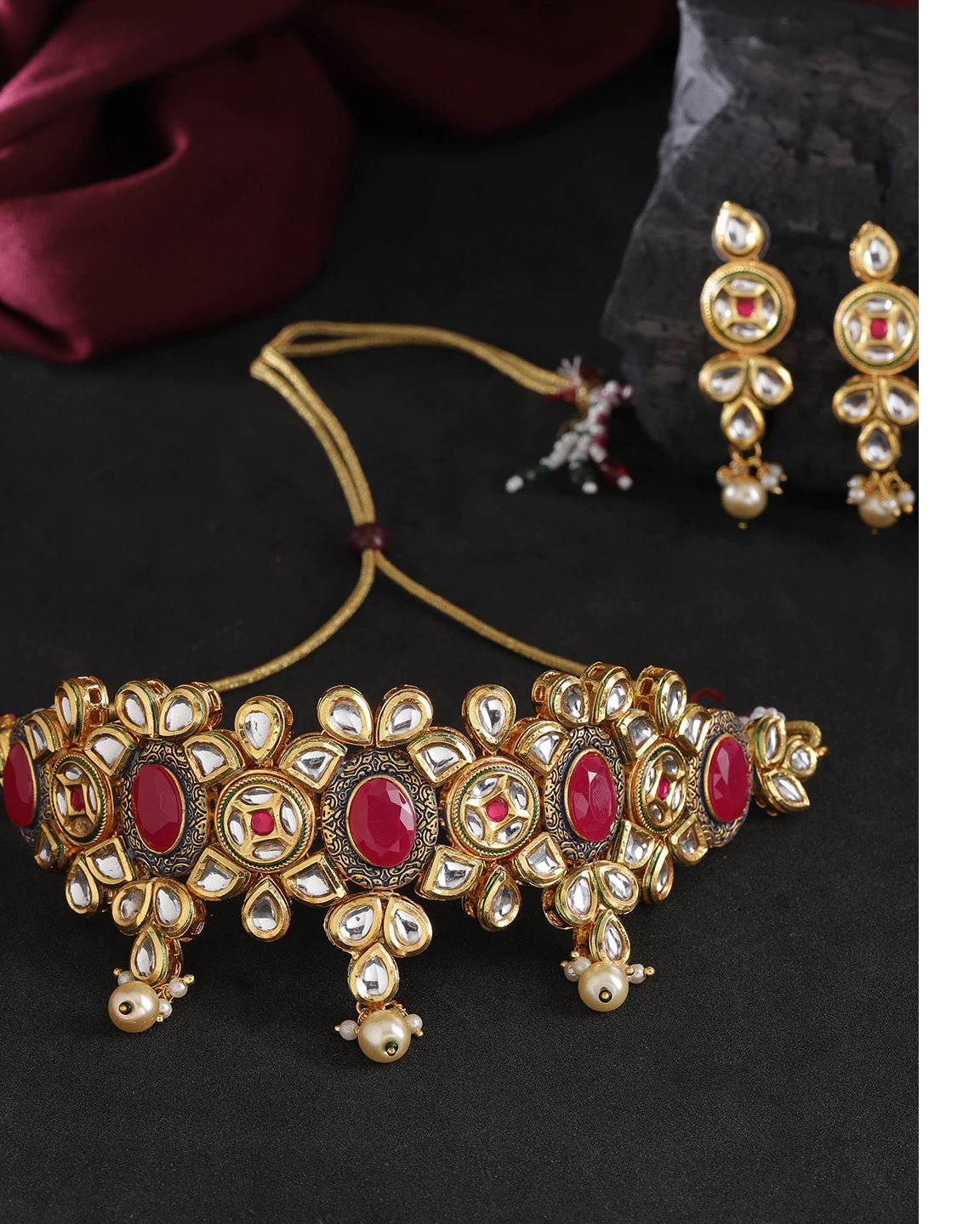 Stylish Kundan Ruby Pearls Gold Plated Choker