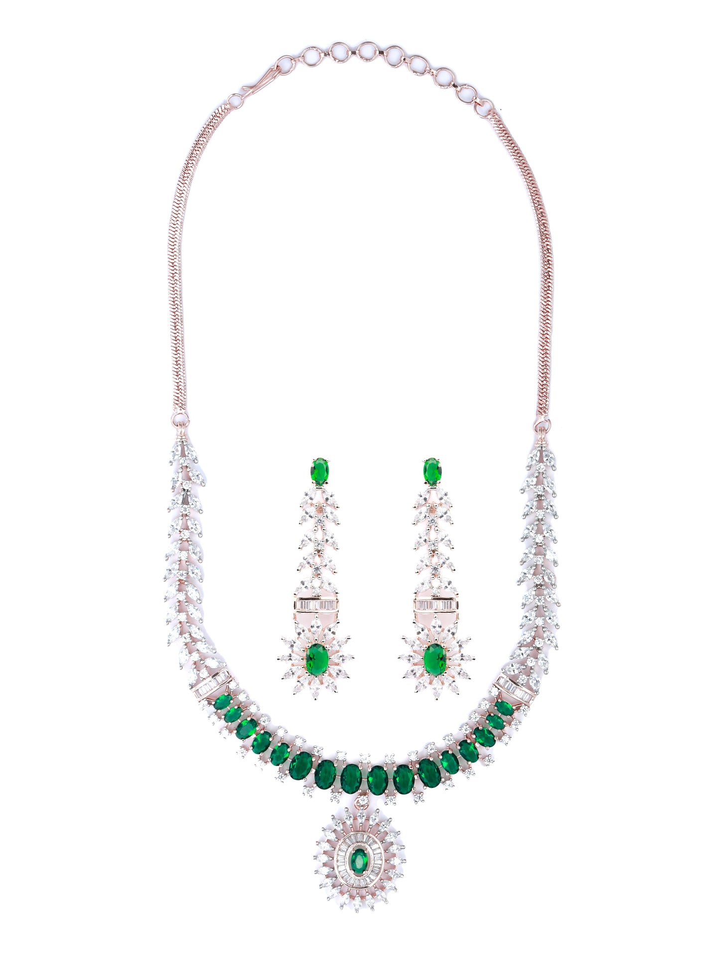 Trendy Green American Diamond Rose Gold Jewellery Set