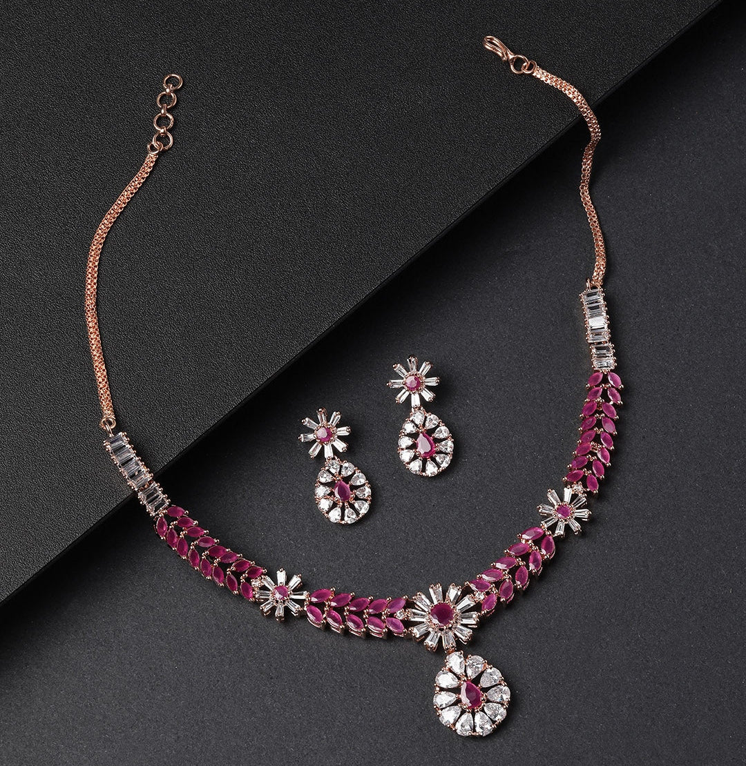 Imported Pink Ruby Rose Gold Plated Jewellery Set