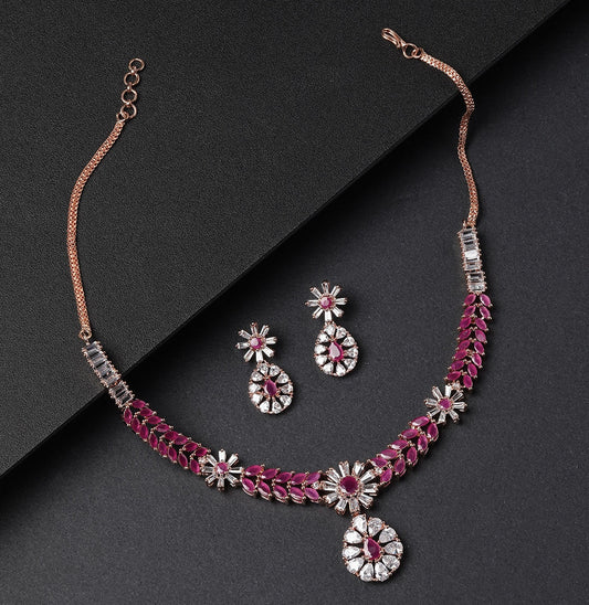 Imported Pink Ruby Rose Gold Plated Jewellery Set