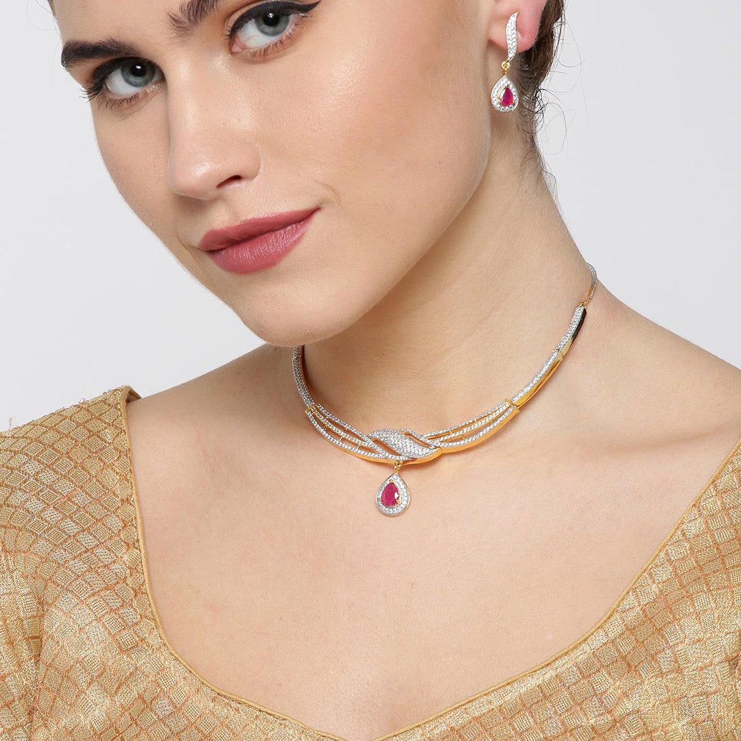Trendy FE American Diamond Gold Plated Jewellery Set