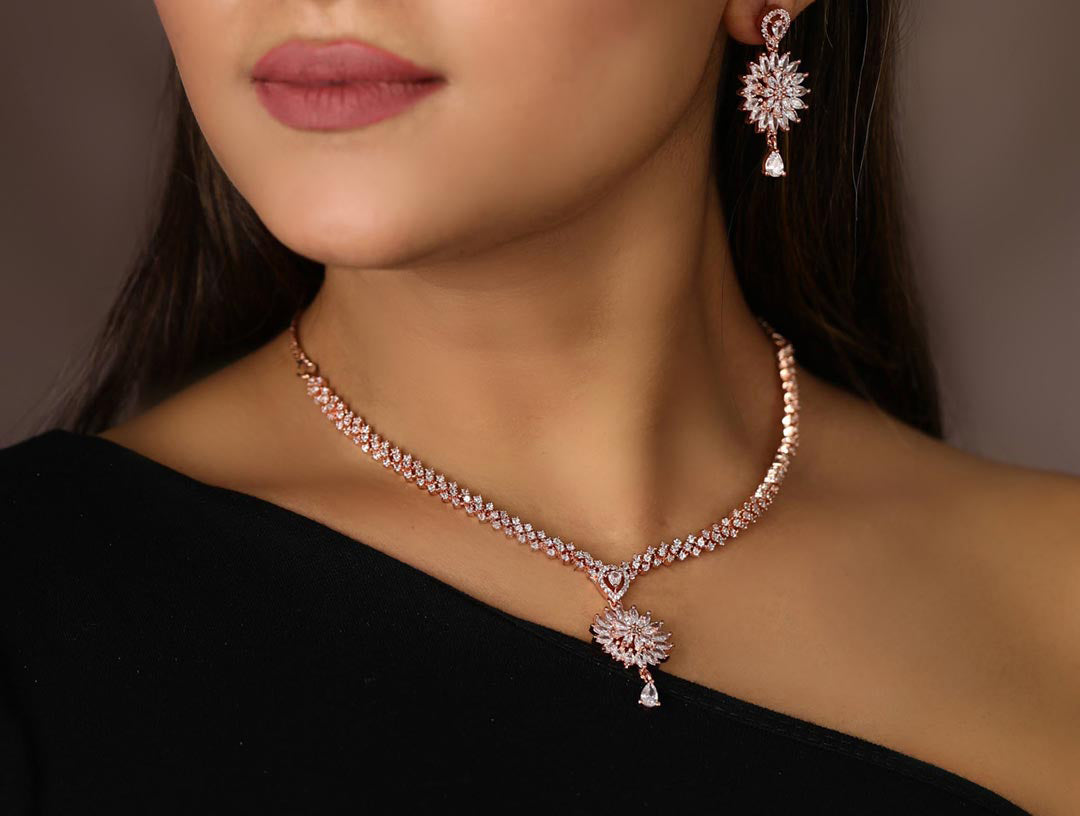 Royal F2 American Diamond Rose Gold Plated Jewellery Set